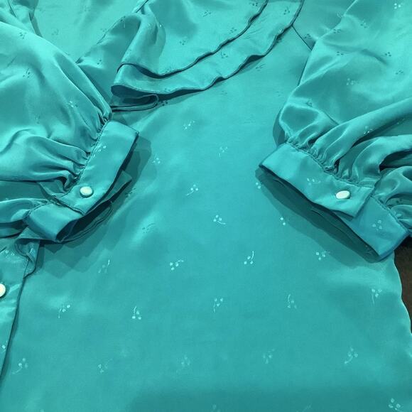 Vintage Liz Claiborne Button Up V Neck Ruffle Blouse Embossed Turquoise - Picture 4 of 12
